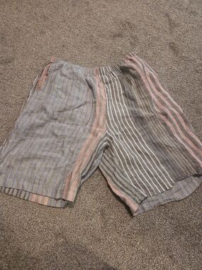 Flax Striped Lightweight Linen Shorts W/ Pockets in Neutral Blue and Brown Tones